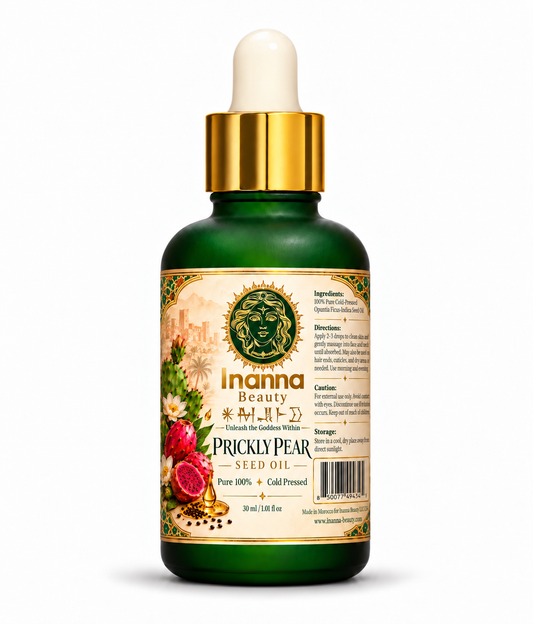 Inanna Beauty Prickly Pear Seed Oil, 30 ml, green bottle with white rubber dropper and gold collar